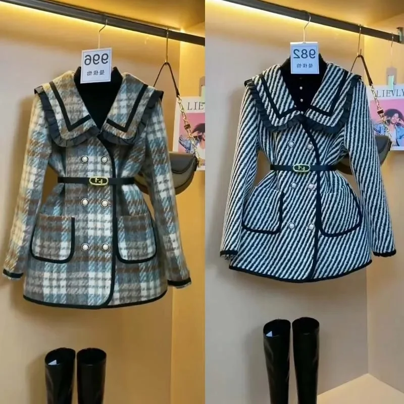 

Double-Breasted Small Fragrance Woolen Coat Women 2023 Winter New Niche Explosions Retro Age-Reducing Plaid Woolen Jacket Tide