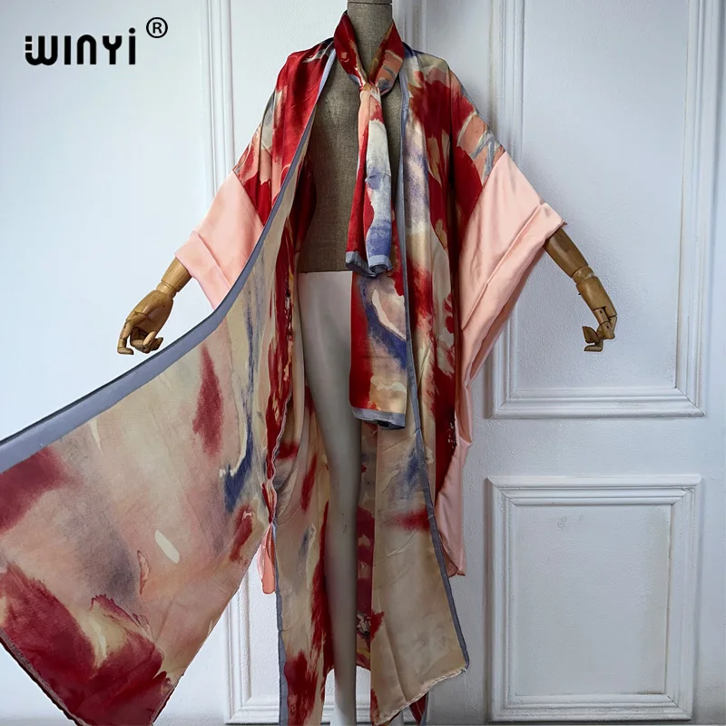 WINYI Summer Beach Wear Cover Up Lady Boho Cardigan luxury beachwear Silky and skin-friendly sexy Holiday Kimono maxi dress