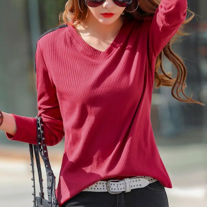 Simplicity sping Autumn Women V-Neck Bright Line Decoration Distressed Korean Fashion Long Sleeve Loose Pullovers T-Shirts Tops