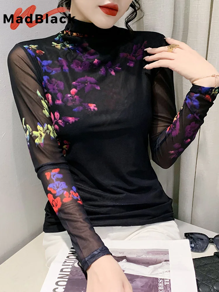 MadBlack Spring t-Shirt Sexy Position Flower Printed Women Mesh top dolcevita Bottoming Shirt manica lunga Tees New T32403Z