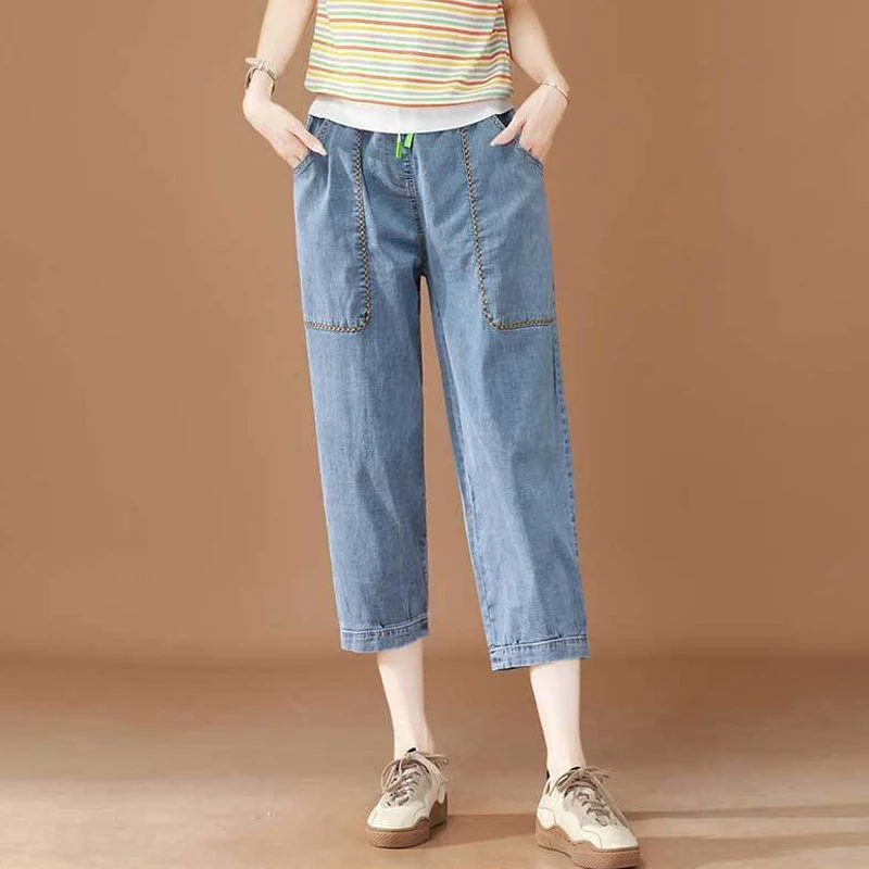 High Waist Jeans Woman Summer Thin Denim Pants Trousers Capris Jeans For Women Calf Length Harem Pants Female Breeches