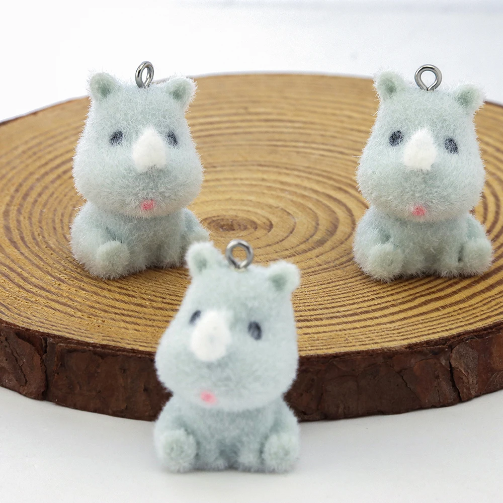 20PCS 3D Resin Flocking Rhino Charms Plush Dolls Animal Pendants for Necklace Keychain Making DIY Jewelry Accessories Wholesale