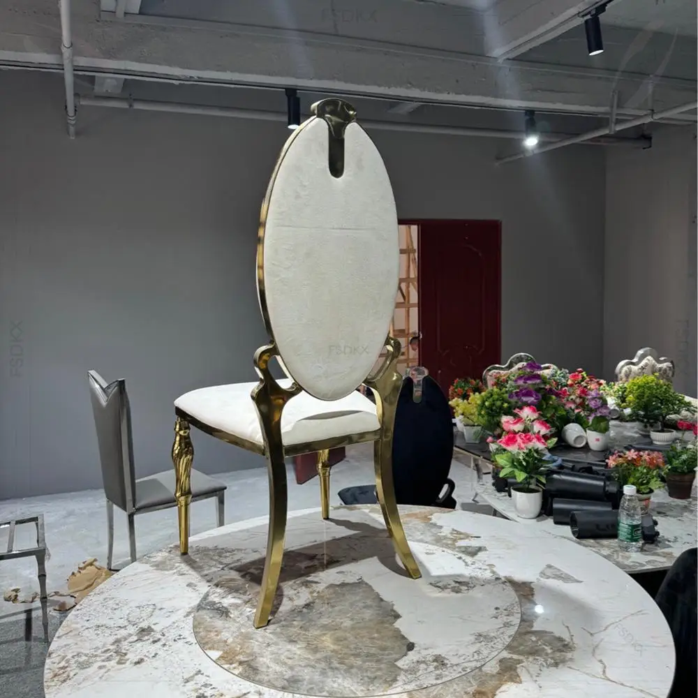 

Stainless Steel Frame New Luxe Luxury and Gold Light White Velvet Seat Cushion Event Banquet Wedding Chair