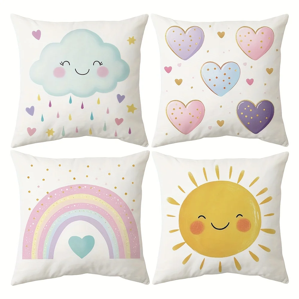 

4pcs Vintage Rainbow Sun & Hearts Throw Pillow Covers - Pastel Colors (Rainbow, Sun, Clouds, Hearts) - Large Square Cushion Case