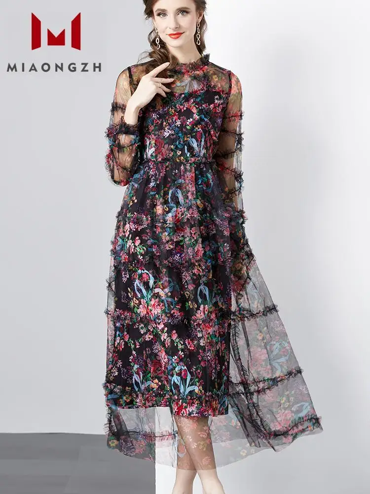 Vestidos largos de malla de retazos con estampado de moda para mujer, vestido de noche Vintage elegante con volantes, cuello redondo, adelgazante, cintura alta, flores