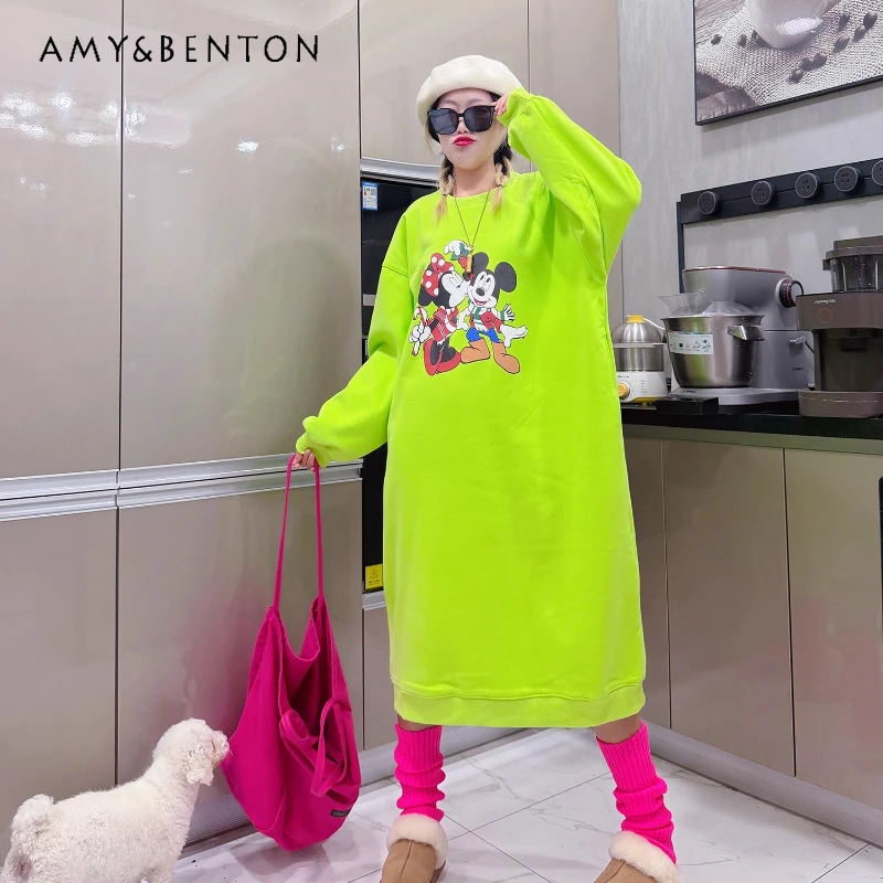 

Fleece Lined Thickened Long Cartoon Sweatshirt Dress Loose Straight Over-the-Knee Top Heightening Slimming Warm Bottoming Shirt