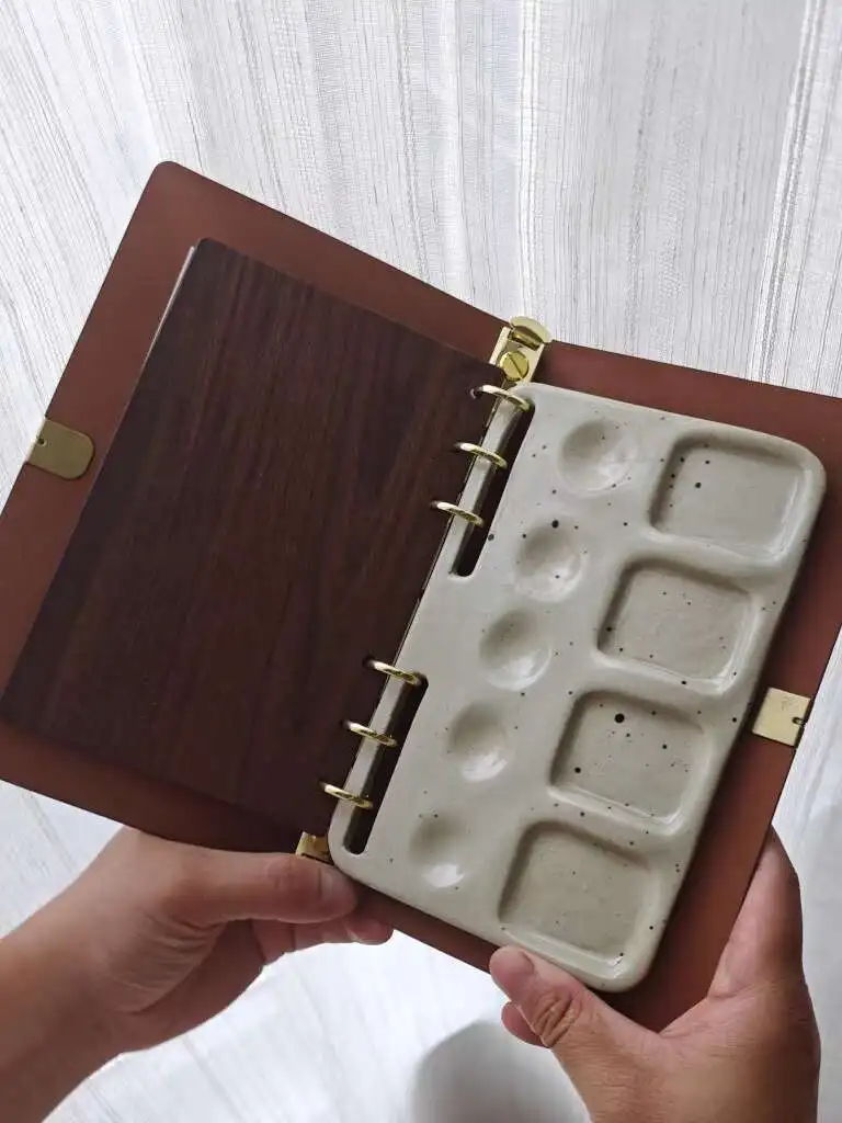 

Handmade Retro Ceramic Watercolor Palette, Leather Clip, Loose Leaf Notebook, Outdoor Travel, Landscape Sketching