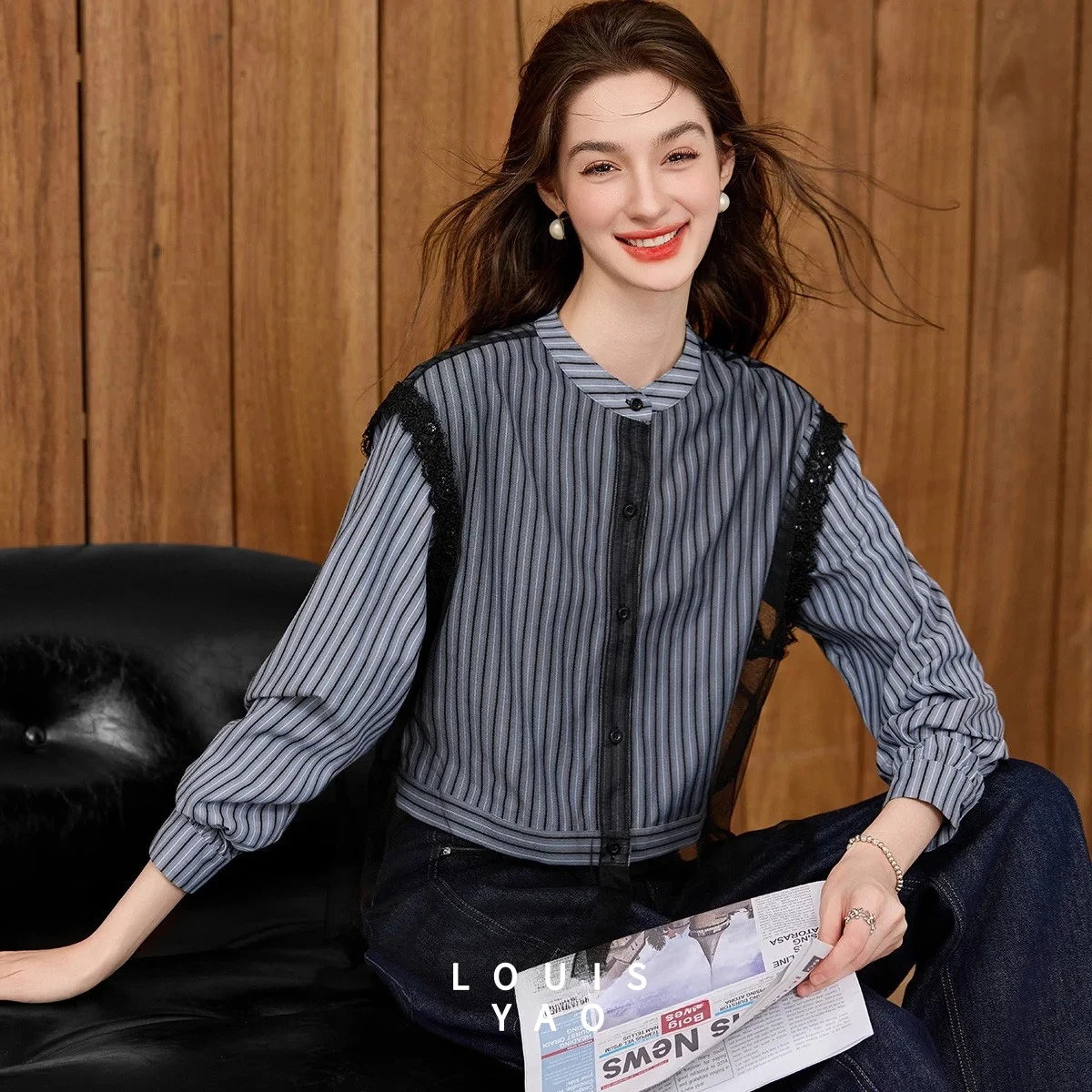 

LOUISYAO Shoulder Lace Contrast Panel Cardigan Blouses 2025 Autumn Elegant Stand Collar Drop-Shoulder Sleeve Women's Shirt