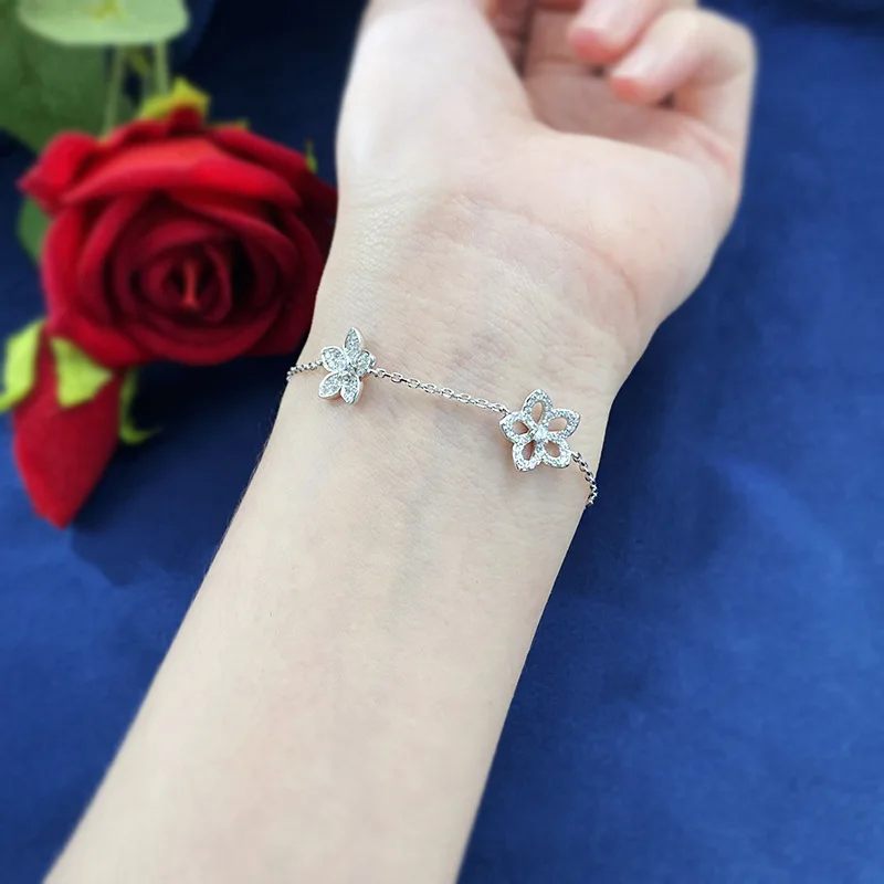 PANSYSEN 100% 925 Sterling Silver Flower Shape Sparkling High Carbon Diamond Charm Bracelets for Women Wedding Party Jewelry