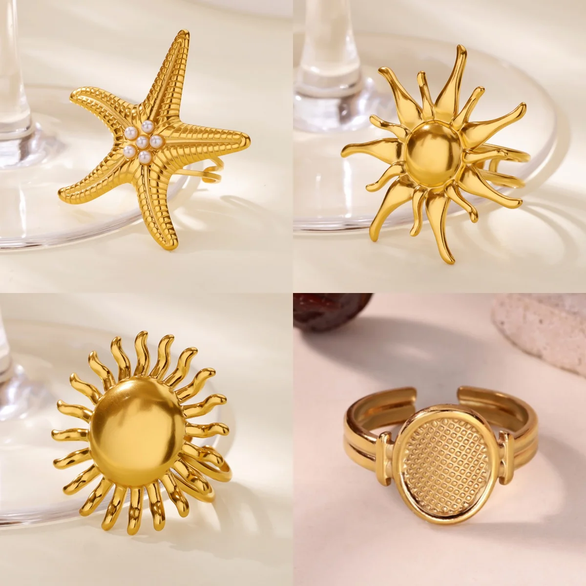 Romantischer Seestern Zirkonia Damenring Vergoldeter Edelstahl Klassischer Sonnen-Schmuckring Jubiläumsgeschenk