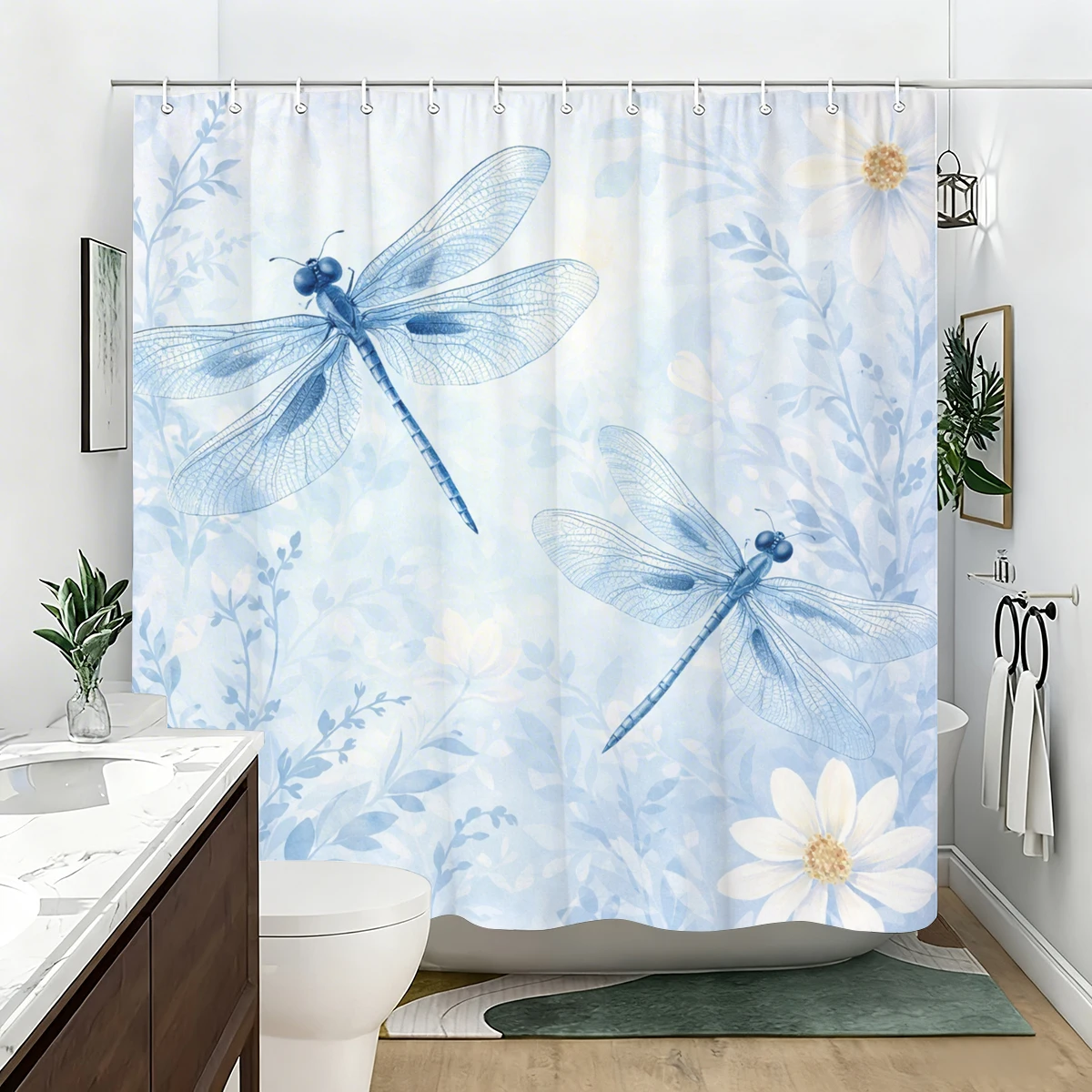 Nature Themed Polyester Shower Curtain - Printed Floral, Waterfall, Dragonfly & Butterfly Design for Bathroom Decor