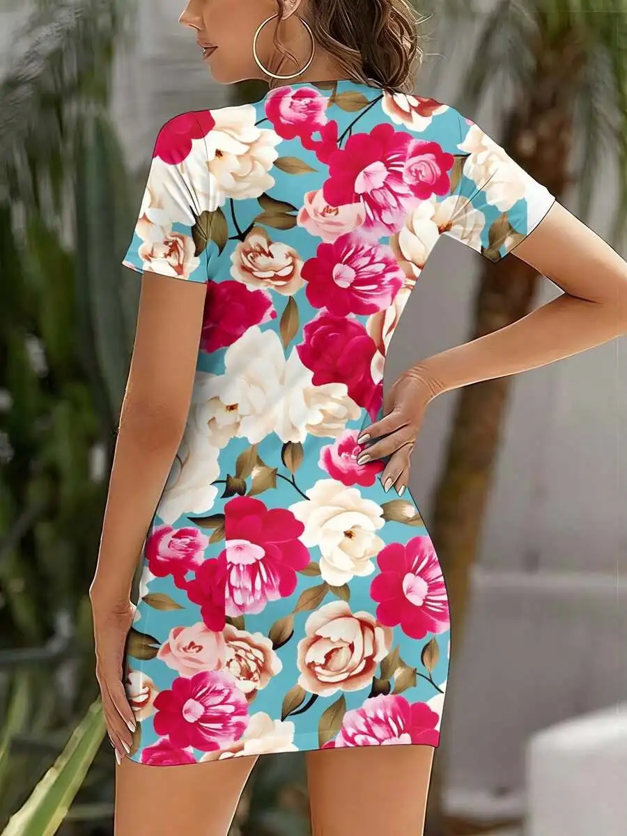 

Floral Print Short Sleeve Fitted Dress Round Neck Summer Beach Casual Womens Dress