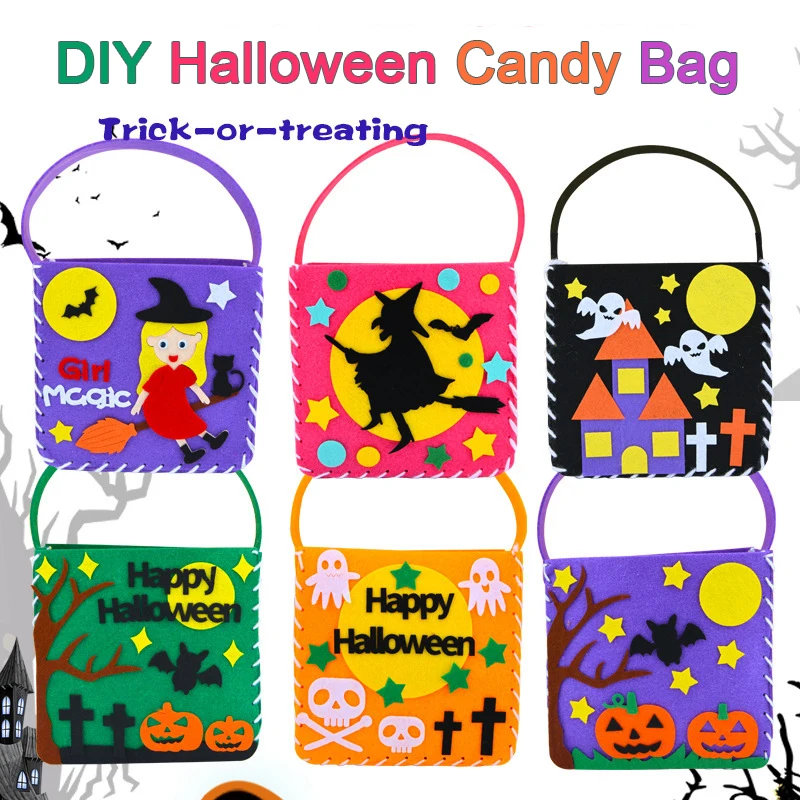 Hand Sewn Halloween Trick or Treat Tote Bags Kids DIY Crafts Kits Sewing Non-Woven Candy Basket Bags Toys Gifts for Children