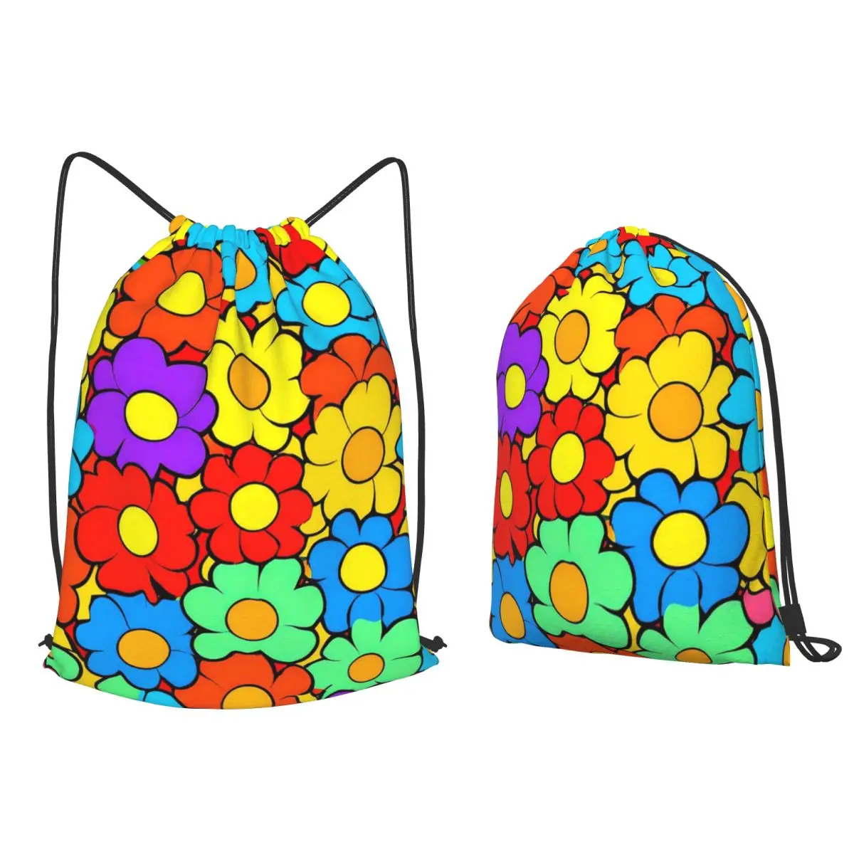 Retro 1960's Hippie Colorful Vibrant Floral Art Designs Backpacks Drawstring Bundle Pocket Sundries Bag Book Bags for Man Woman