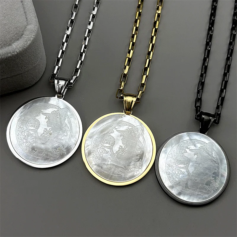 Natural Shell Witch Ball Moon Spell Pendant Necklace for Women Men Gold Color Stainless Steel Wicca Pagan Chain Jewelry Gift