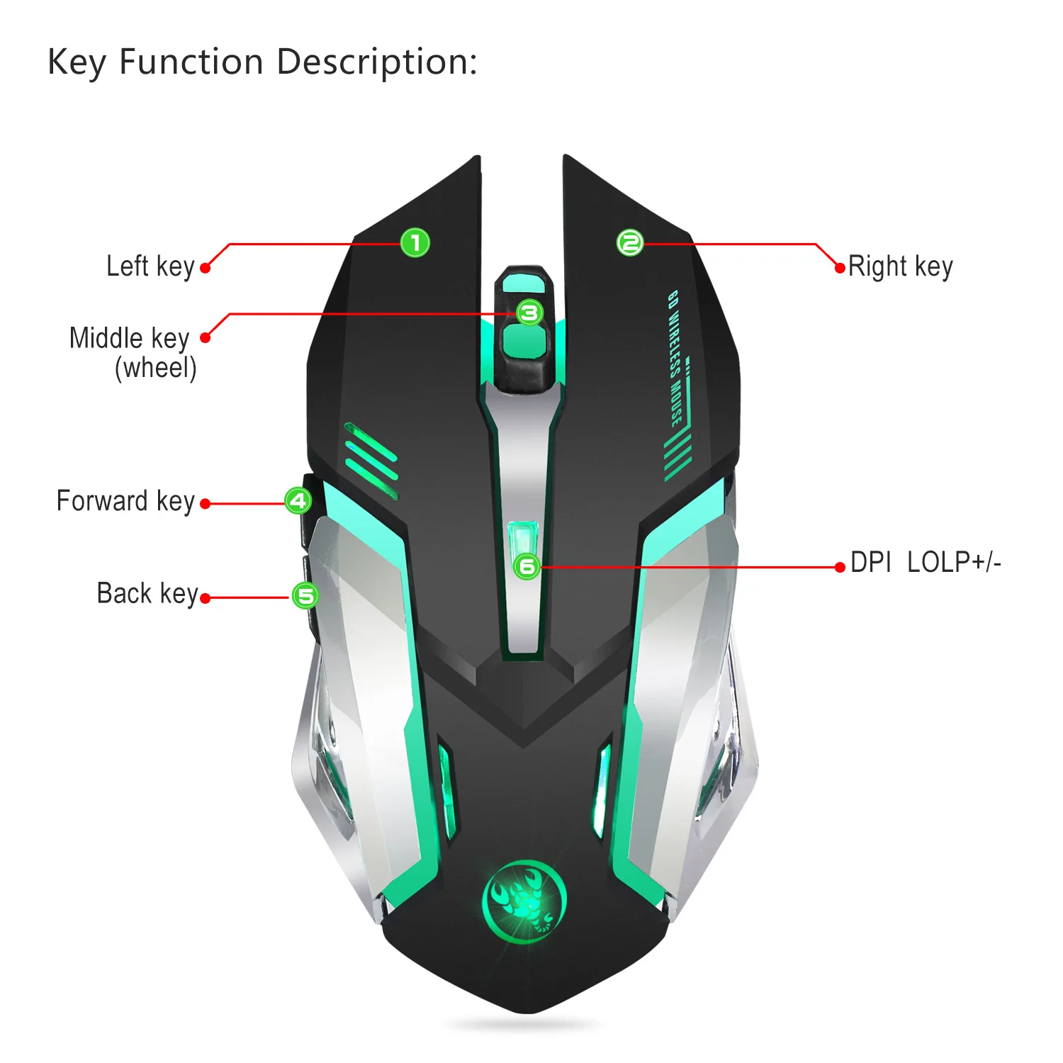 HXSJ-M10 Wireless Gaming Mouse, Recarregável, 7 Color Backlight, Respiração, Comfort Gamer Mice para Computador, Desktop, Laptop, 2400dpi