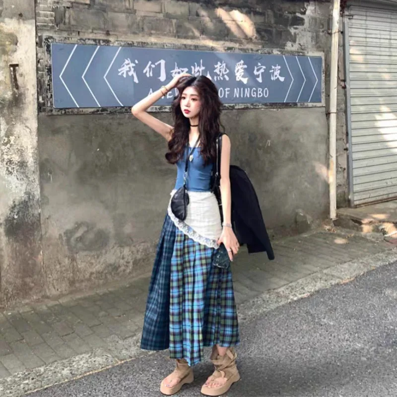 

Fashion Korean Vintage All Match Travel Girl Three Piece Sets Y2k Aesthetic Summer Tank Tops Punk Constrast Color Plaid Skirts