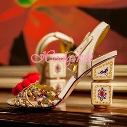 Strange Style High Heels Sandals Straps Hollow Flower Decor Women Shoes Ankle Buckles Open Toe Design Summer Sandals Mixed Color