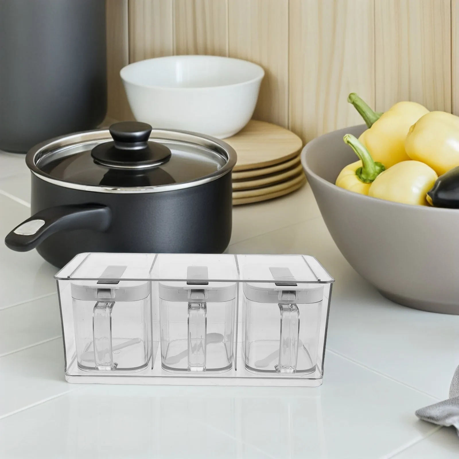 

1Set Clear Acrylic Seasoning Box Set Transparent Spice Organizer with Airtight Lid for Kitchen Countertop Salt Oil Condiment