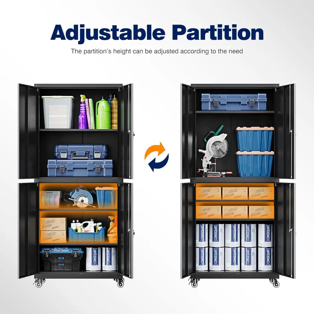 خزانة أدوات دوارة آمنة مع أرفف قابلة للتعديل وأبواب قفل، خزانة تخزين شديدة التحمل مع 4 عجلات، 73 ش