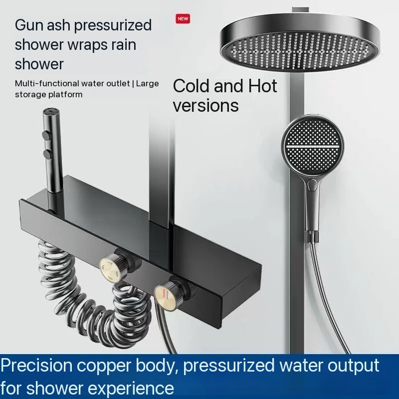 Gray Piano Button Bathroom Shower Full Set Shower System Sets Rain Faucets Shower Head Exposed Wall Mount Round Rain Shower Head