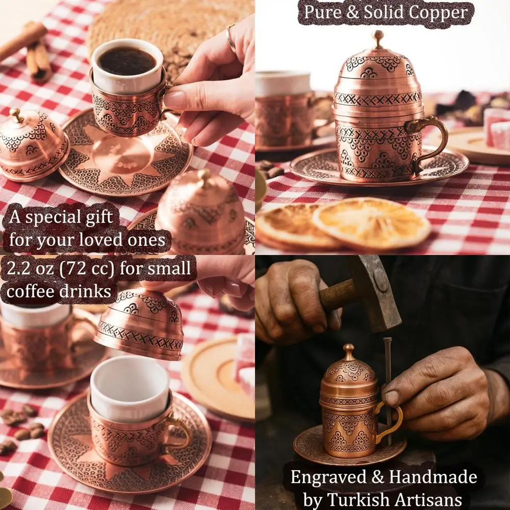 

Vintage Handcrafted Copper Mini Espresso Cups & Saucers Set of 2 with Lid, Porcelain Interior, Ideal for Turkish, Arabic, Greek,