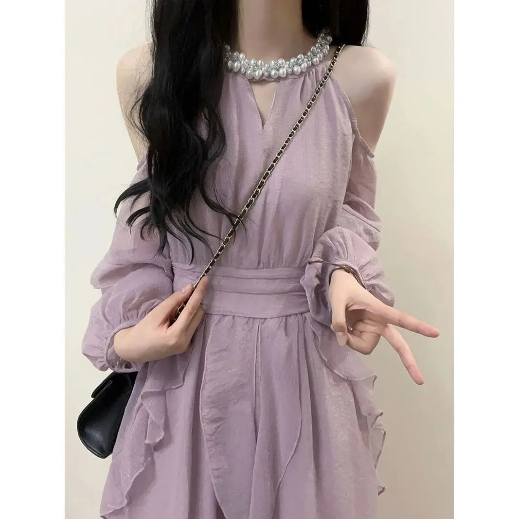 Women Elegant Long Dress Cold Shoulder Lantern Sleeve Ruffle Trim Slim Fit Suit French Style Fairycore Spring Summer Outfit 2025