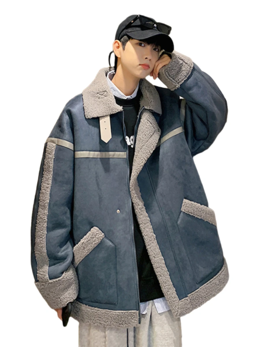 Свободное мужское хлопковое дэт на подкладке из овечьего меха, молодежная модная зимняя верхняя одежда, повседневное пальто на молнии из полиэфирного волокна