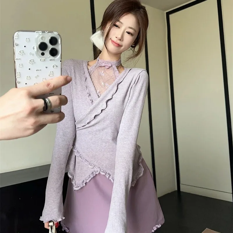 

Женская одежда, весенне-осенняя модная тенденция, сексуальная лоскутная марлевая сетка, тонкая юбка трапециевидной формы с длинными рукавами в молодежном стиле, состоящая из двух частей S