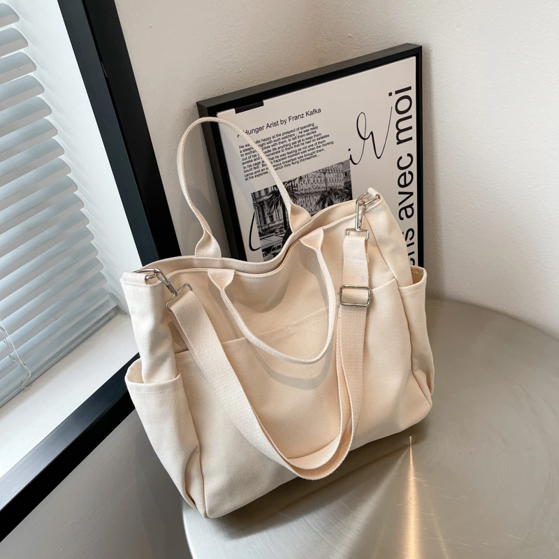 Ins Lazy Wind Canvas Big Bag, New Korean Version Of The Single Shoulder Crossbody Bag Female Simple Literary Solid Color