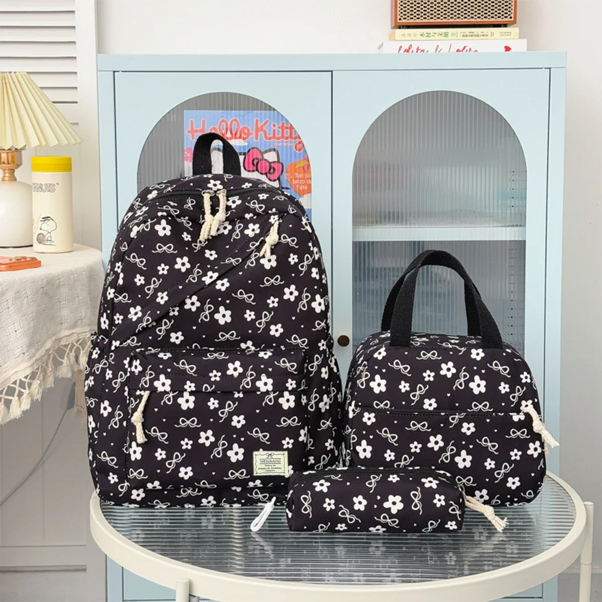 Hochwertiges, ästhetisches Rucksack-Set mit Blumenmuster, dreiteilig, aus leichtem Nylon, großes Fassungsvermögen, Mädchenrucksack, Campus-Studentenrucksack – Detail 16