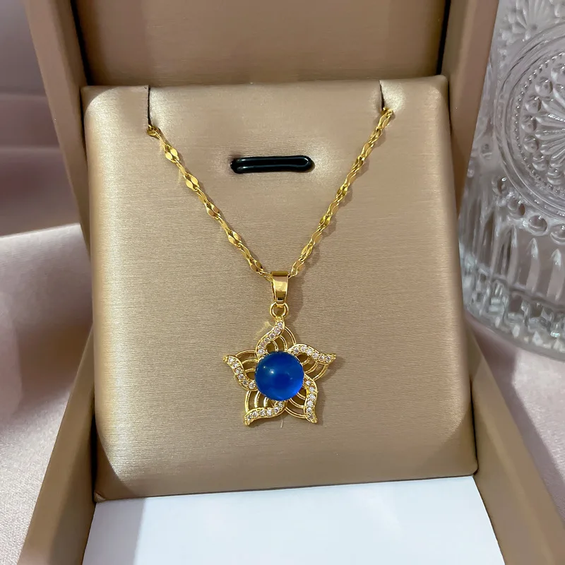 الفولاذ المقاوم للصدأ استشعار درجة الحرارة اللون تغيير الأزرق الأخضر كريستال قلادة زهرة المزاج حجر سلسلة قلادة للنساء #1