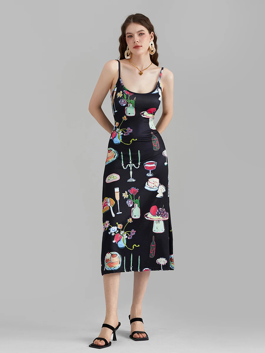 wsevypo Printed Black Slip Midi Dress for Summer Women's Vintage Backless Sleeveless Suspender A-Line Cami Dress Party Daily