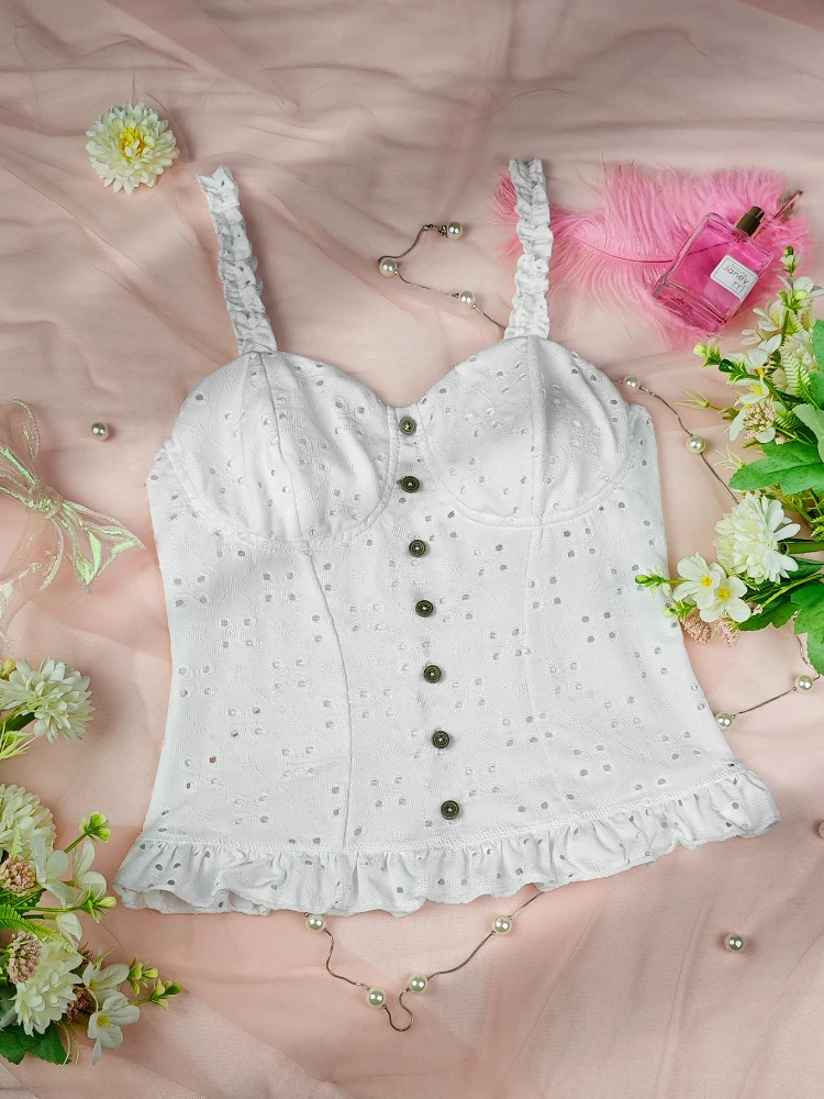 SsTss Stickerei Spitze Aushöhlen Camis Top für Frauen Sommer Weiß Geraffte Spaghetti Strap Ärmellose Dünne Süße Weibliche Tank Tops