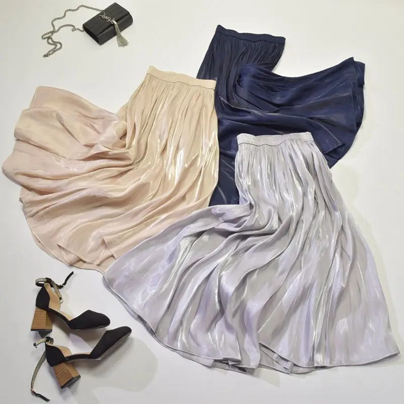 Classic Fashion Smoothness Silky Skirt Women High Waisted Slim Versatile Sagging Sensation Lady Pleated Midi A-line Skirt