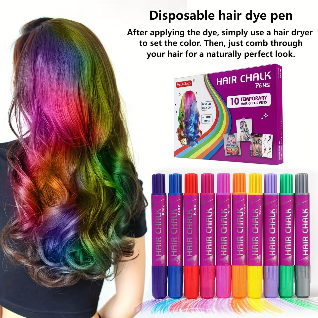 

10 Color Shiny Hair Dye Pen, Disposable Hair Coloring Pen, Suitable for Party and Music Festival