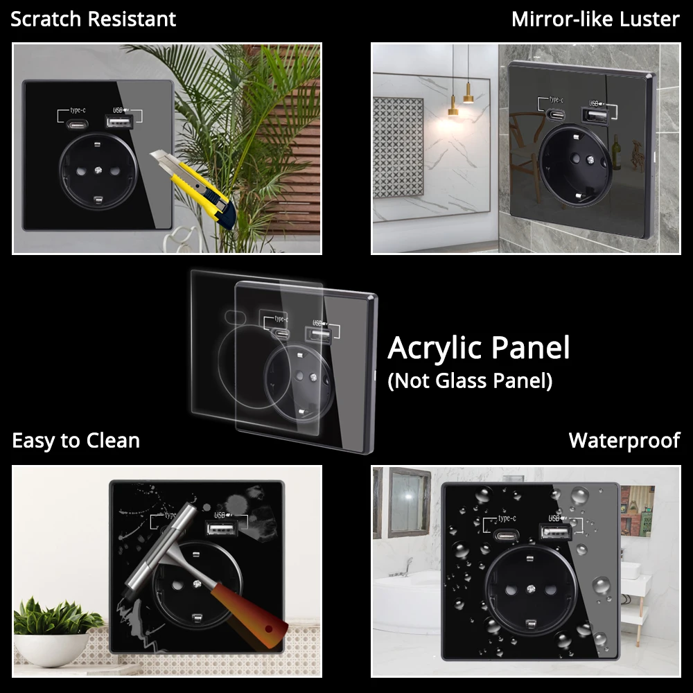 Coswall Type-C Interface Outlet Full Mirror Crystal Panel Black Wall EU Russia Spain French Standard Socket With USB Charge Port