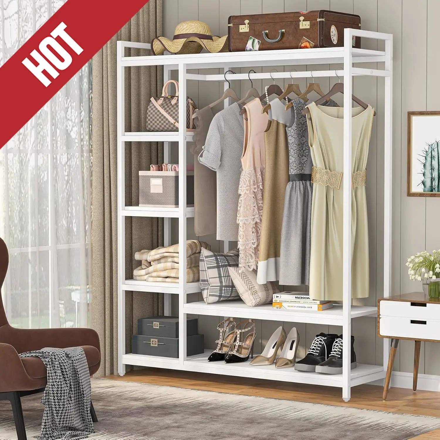 Free Standing Wood Closet Clothes Rack,Heavy Duty Grament Rack With Shelves,Hanging Racks ,350 Lb Capacity,customizable