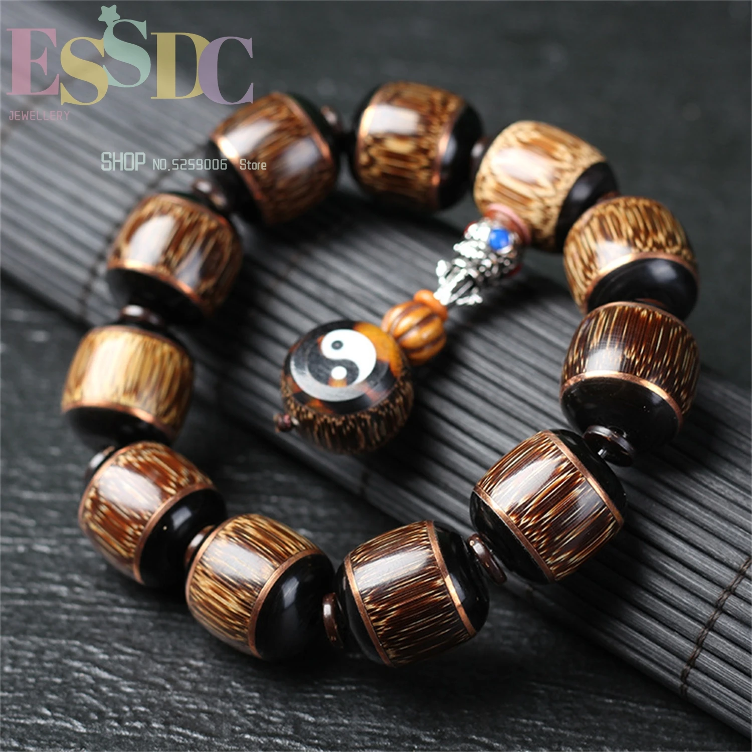 Wholesale Original Diy Men's and Women's 20Mm Golden Silk Bamboo Inlaid Ebony Wood Bracelet and Bamboo Bead Bracelet