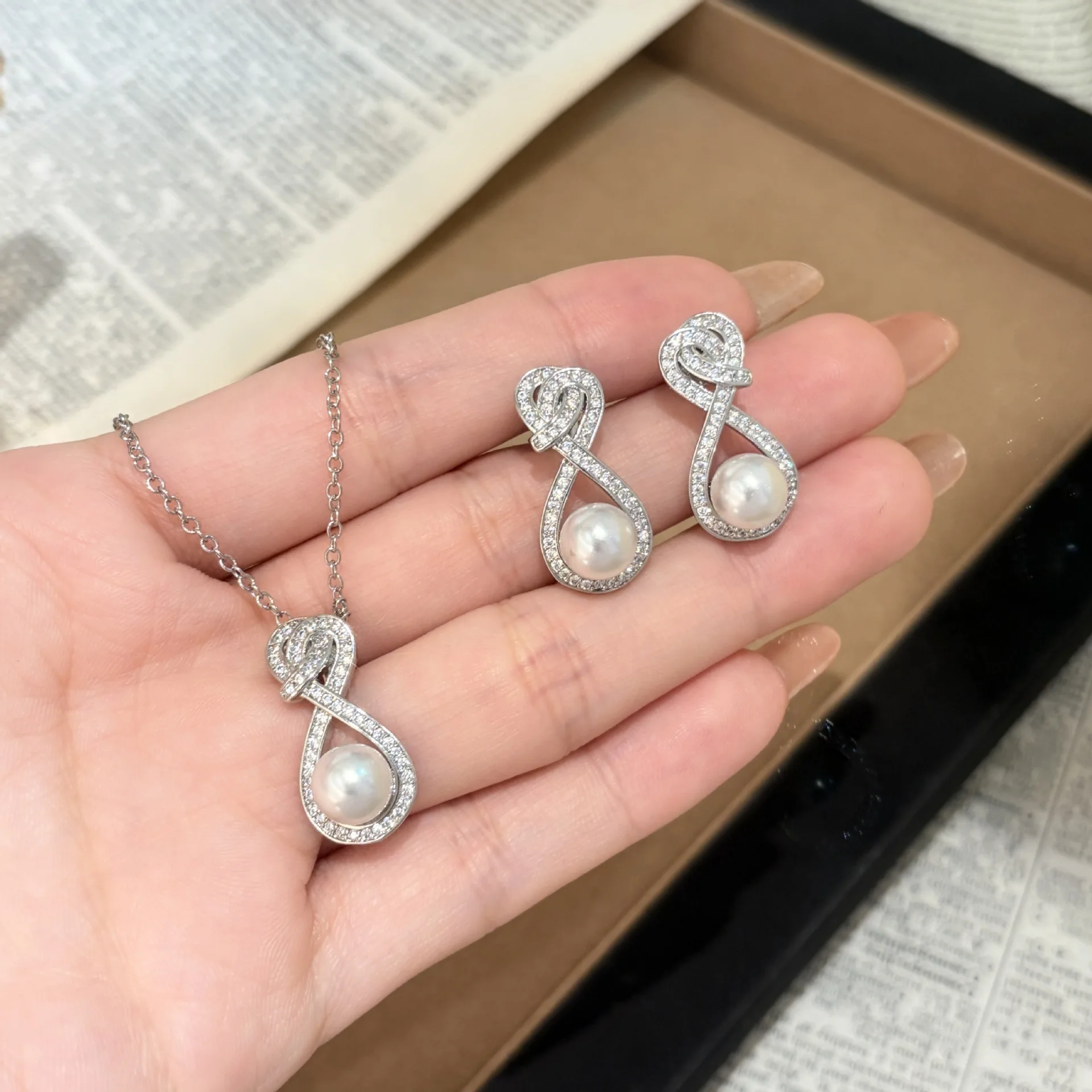 925 Sterling Silver Knot Pearl Necklace Earrings Set, Infinity CZ Bridal Pearl Jewelry Set for Women Wedding