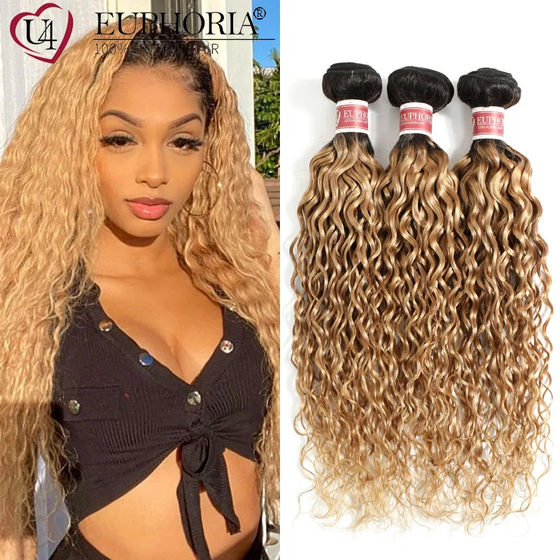 Wasser Welle Ombre Farbe Haar 3 Bundles 1B Blonde 27# Farbe Brasilianische Remy Menschliches Haar Weben Extensions 3/4 Pcs Bundles euphoria