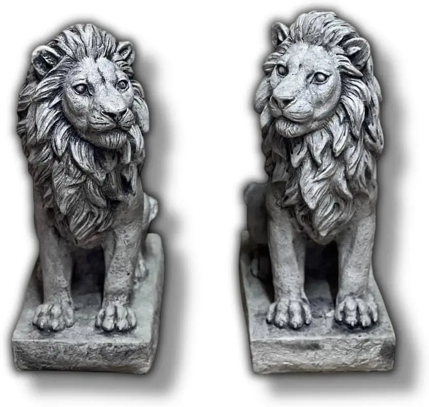 Painted Cement Lion Pair Pedestal Yard Garden Entrance Sculpture Statue Gift