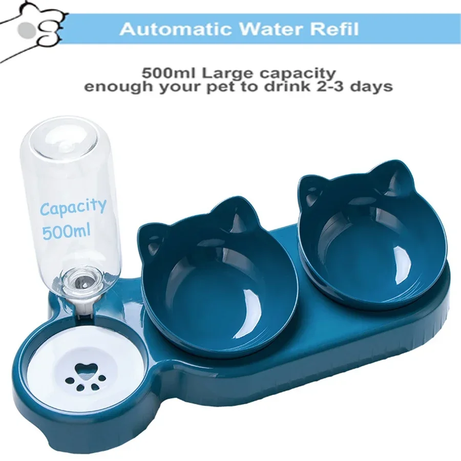 Pet Bowls with Water Feeder, 3 in 1 Ear Design Tilted Cat Water and Food Bowl Set with Gravity Water Bottle for Neck Protection