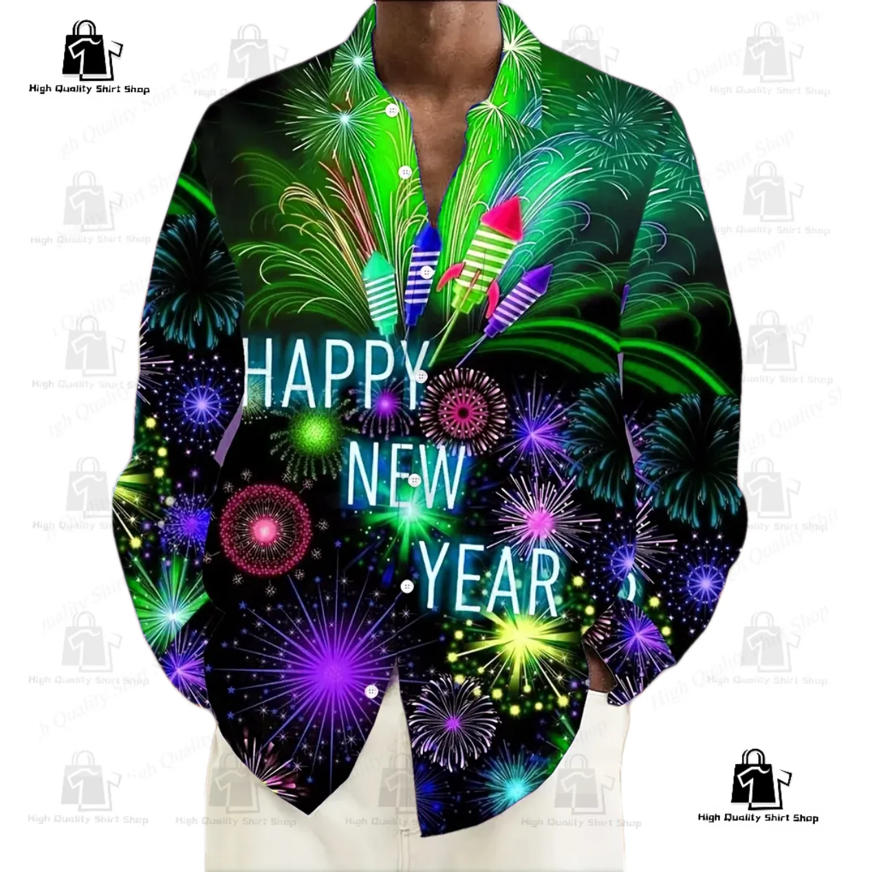 Christmas shirt fireworks graphic men\'s shirt high-definition design fashionable breathable long sleeved shirt button design