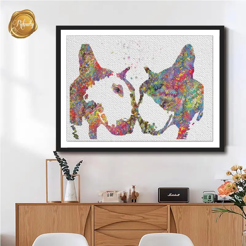 Watercolor English Bull Terrier Love Poster Prints Pictures Dog Wall Art Canvas Painting Home Wall Hanging Room Decor Aesthetic