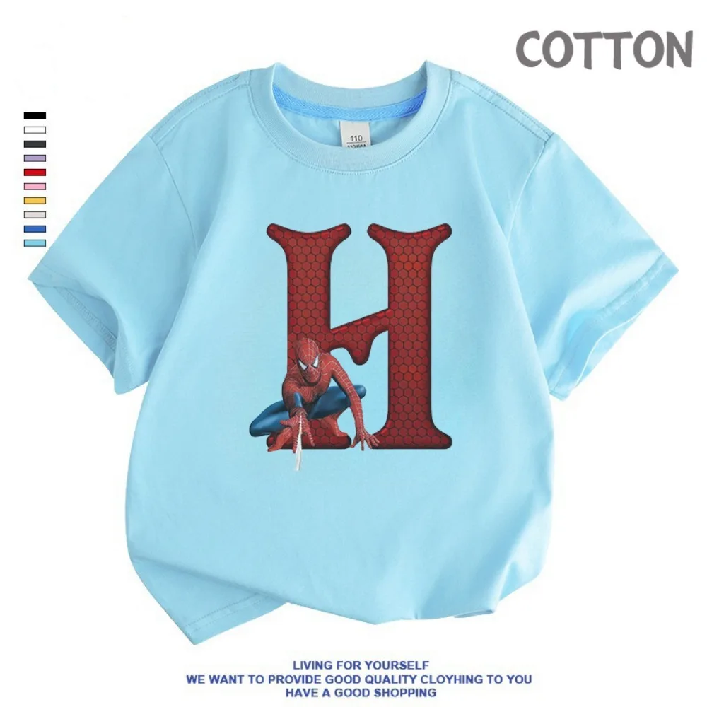 

Kawaii Blue Children T-Shirt Girl Boy Marvels SpiderMan Letter A-Z Cartoons Clothes Kid Tee Shirts cotton Baby Casual Role