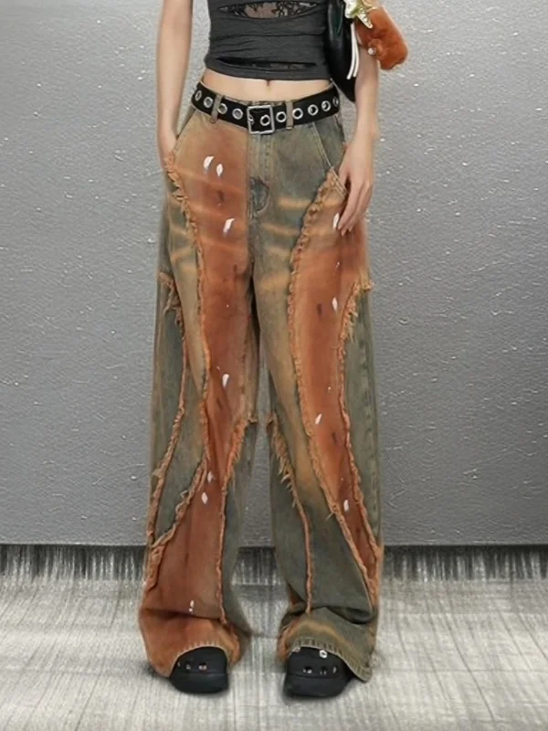 

Ретро-джинсы с высокой талией и широкими штанинами в уличном стиле, с цветными вставками и рваным краем, повседневные, с множеством карманов, модные женские брюки