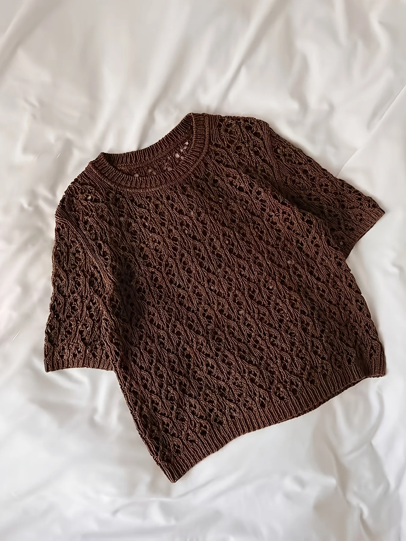 Vintage Coffee Hollow Gestrickter Kurzarm-Pullover für Damen im Lazy-Style, Modischer Frühling-Sommer Strickpullover