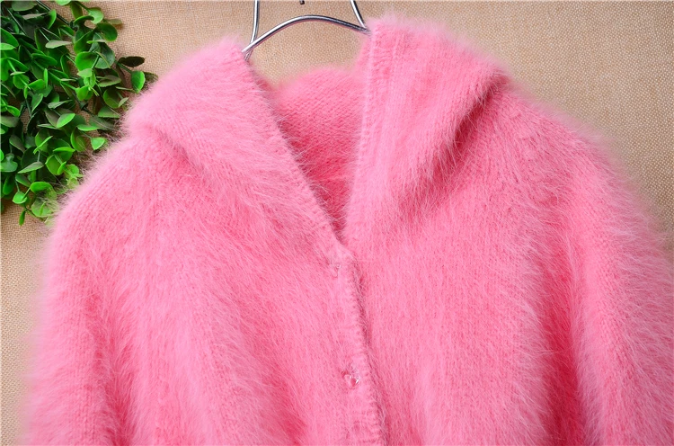 Ladies Women Spring Autumn Clothing Pink Hairy Plush Mink Cashmere Knitted Hooded Long Sleeves Slim Cardigans Jacket Sweater Top