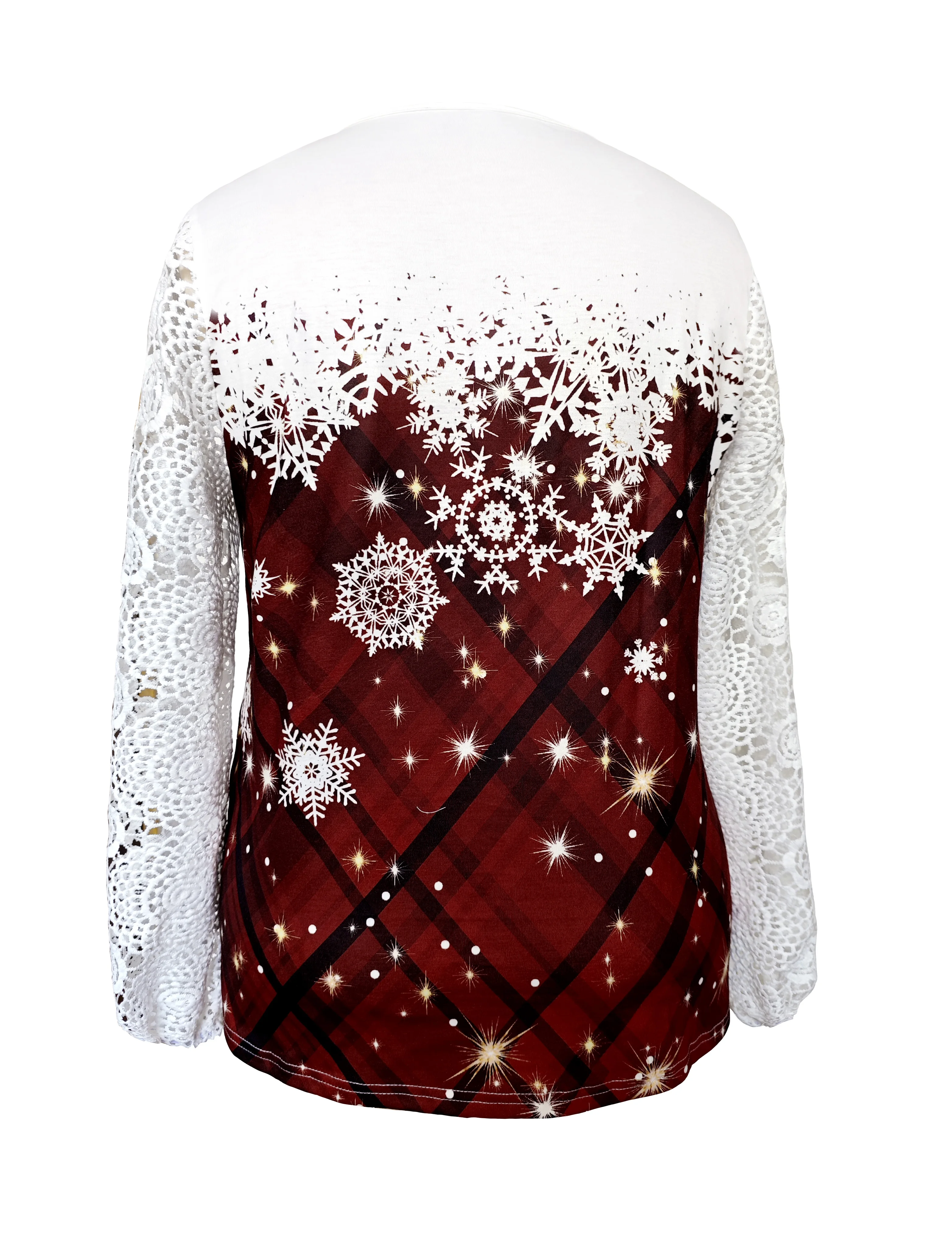 حجم كبير المرأة الدانتيل فانوس الأكمام عيد الميلاد تي شيرت حجم كبير الدانتيل الدانتيل خياطة الخامس الرقبة عيد الميلاد تي شيرت مطبوع